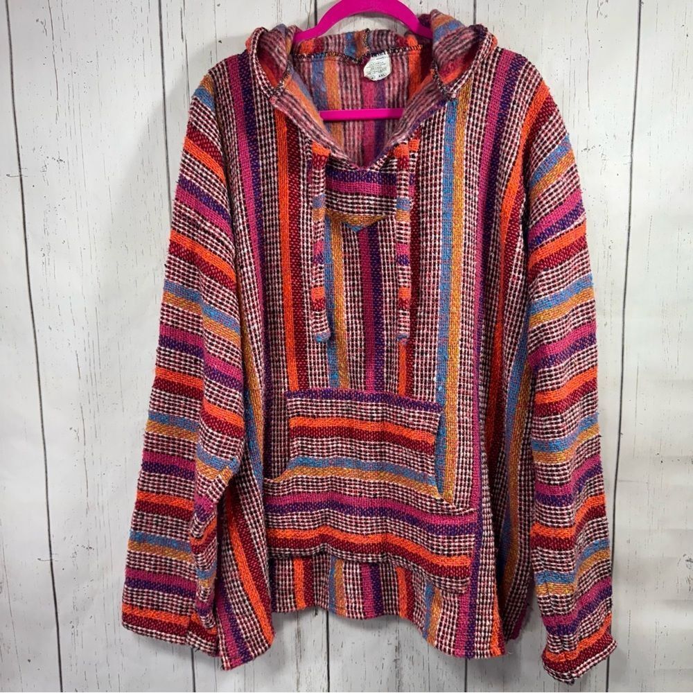 Mexican Baja Hoodie Pullover Striped Woven Boho Hippie Festival  XXL Streetwear